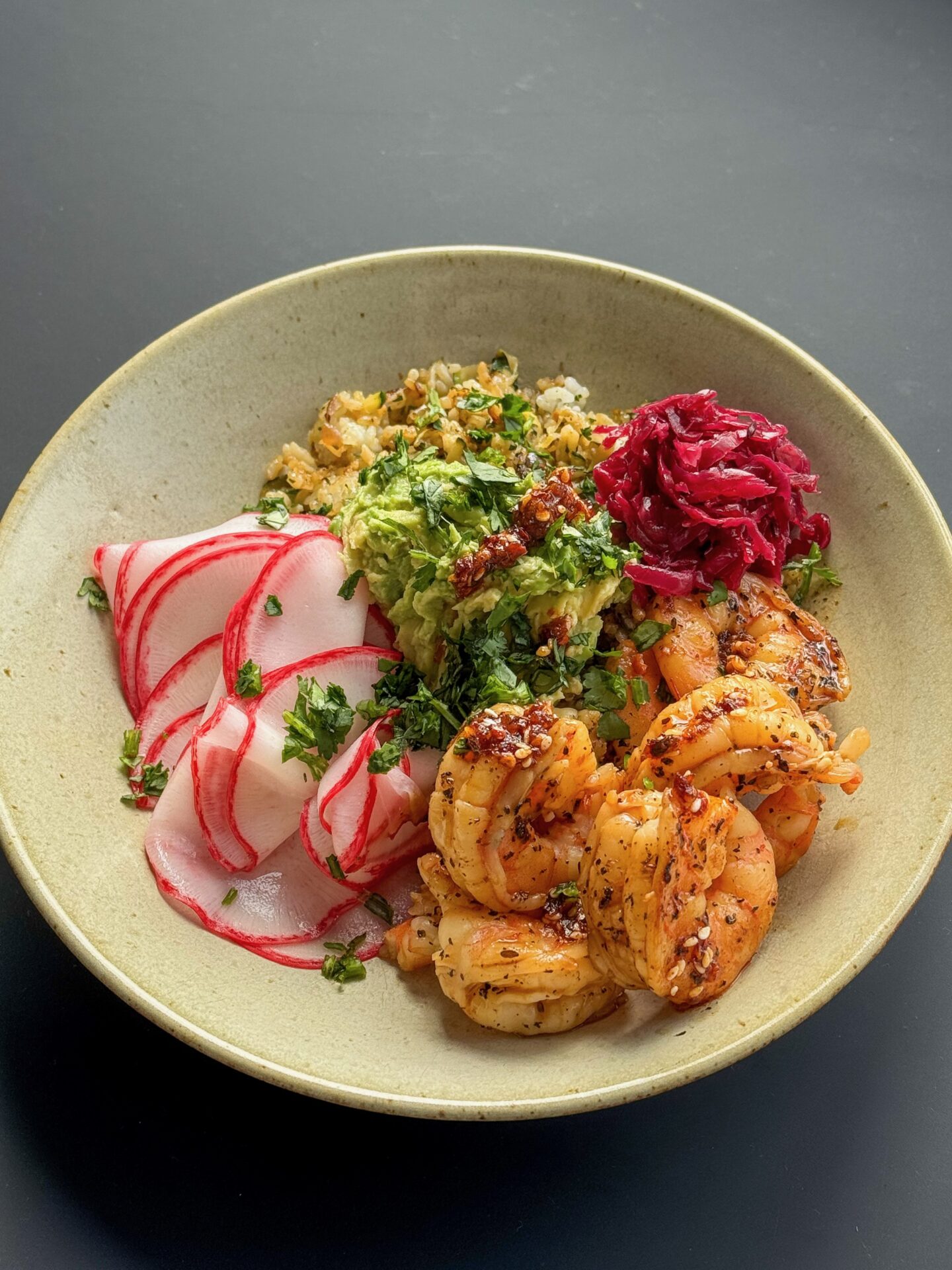Boriki Rice Zucchini Fried Rice & Black Garlic Prawn Bowl - Brooke Kelly Nutrition